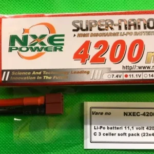 Li-Po batteri 11,1 volt 4200 mAh 25 C 3 celler soft pack (23x44x138mm)